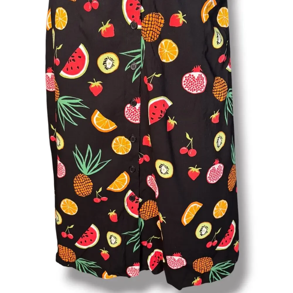 Sugarhill Brighton Fruit Print Button Front Midi Dress Black Novelty Whimsical